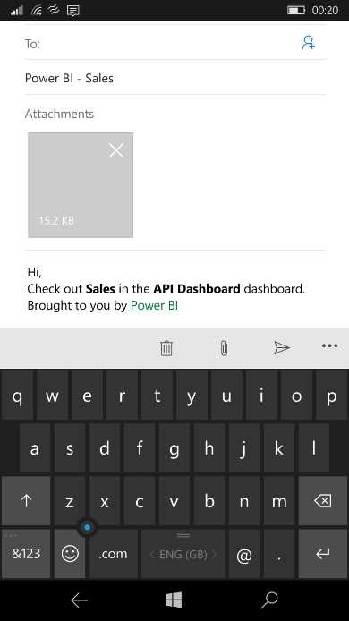 Power BI Windows 10 Mobile—share with email