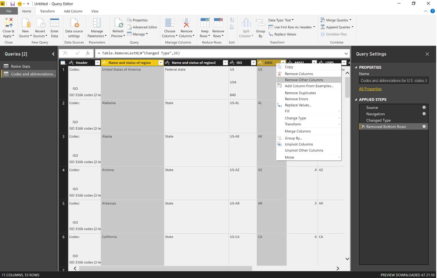 Query Editor—column options