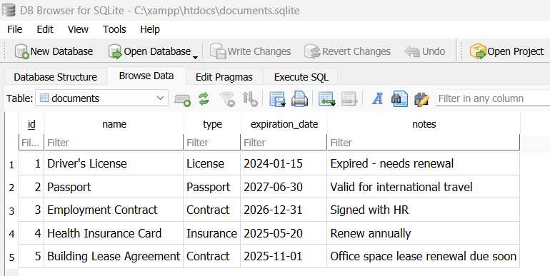 The Inserted Data—DB Browser for SQLite