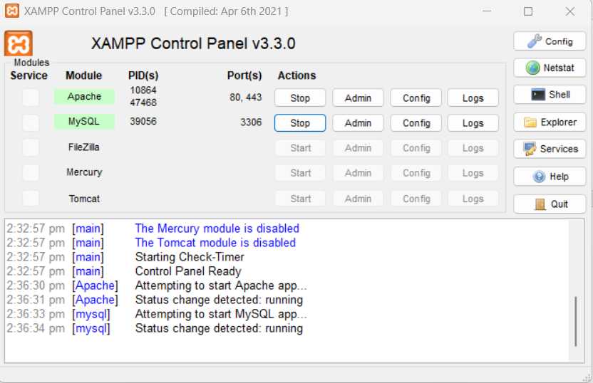XAMPP Control Panel (Apache and MySQL Started)