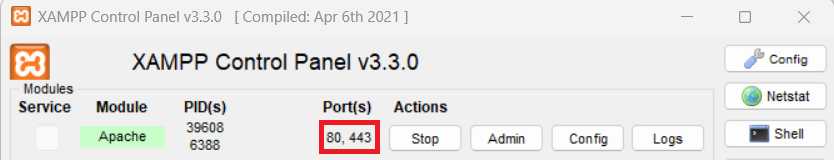 XAMPP Control Panel (Apache Web Server—Port 80)