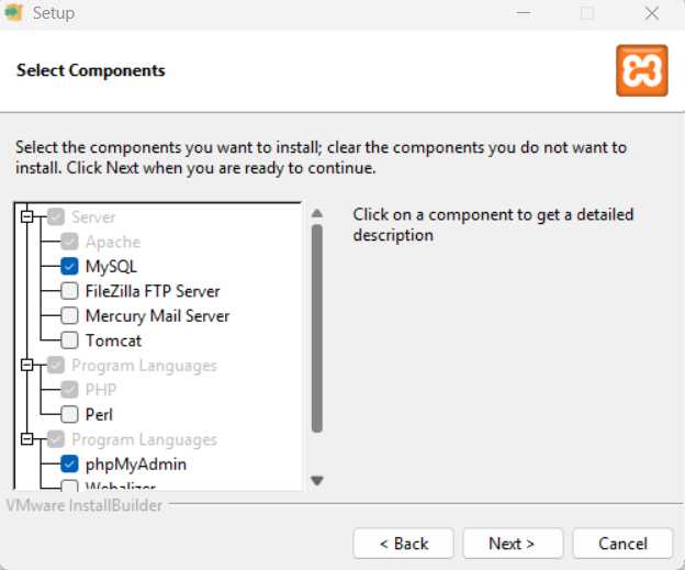 XAMPP Installation (Select Components)