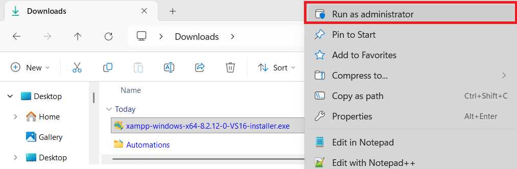 XAMPP Installer File (Run as administrator)
