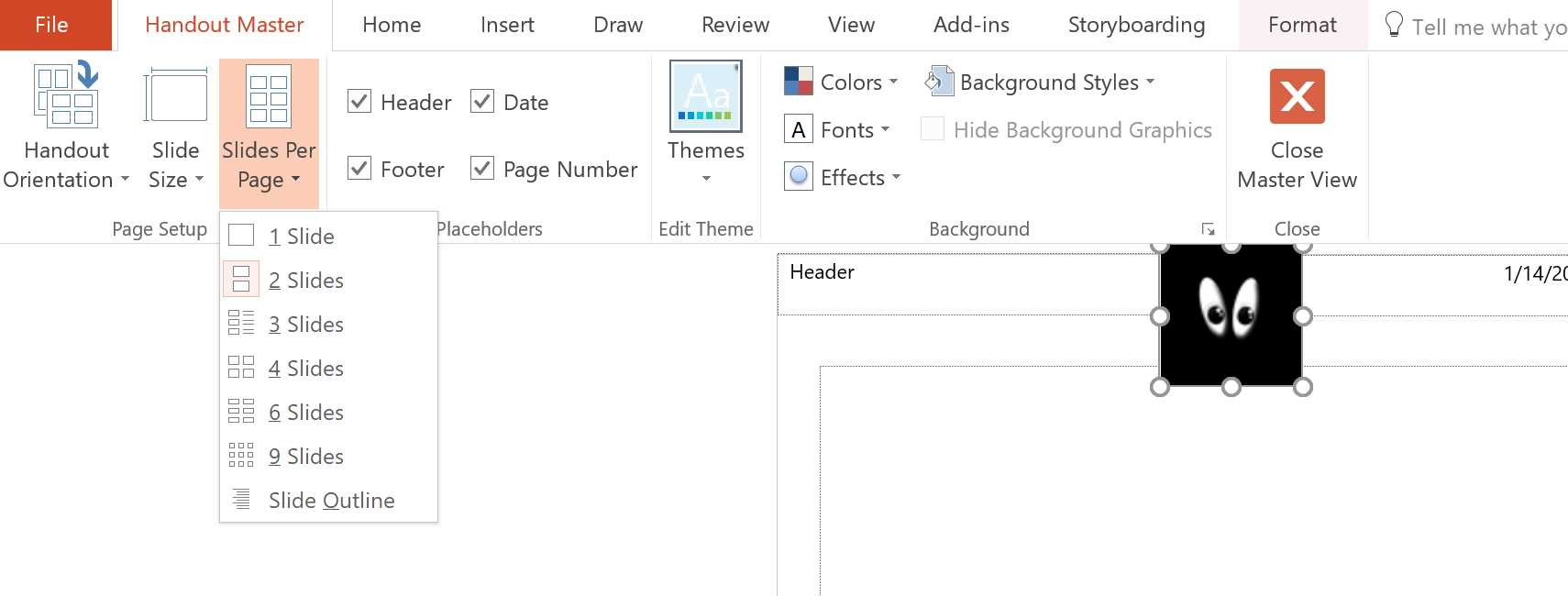 Handout master with two slides per page and a custom logo