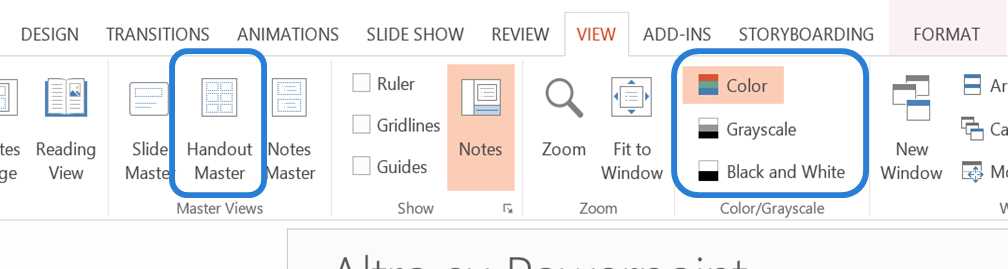 View menu with options for changing the format of printed slides highlighted