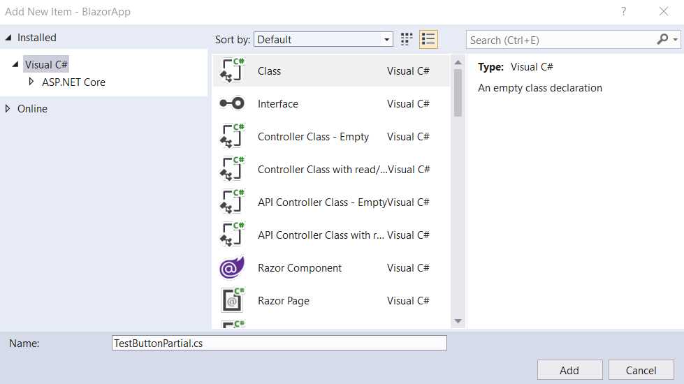 Adding TestButtonPartial.cs