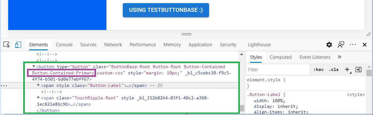 Inspecting the TestButton Component, Primary Color (Developer Tools)