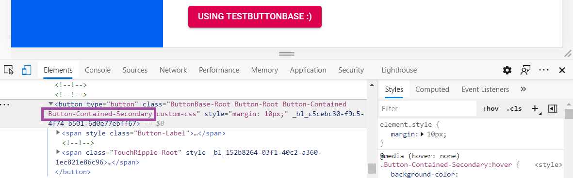 Inspecting the TestButton Component, Secondary Color (Developer Tools)