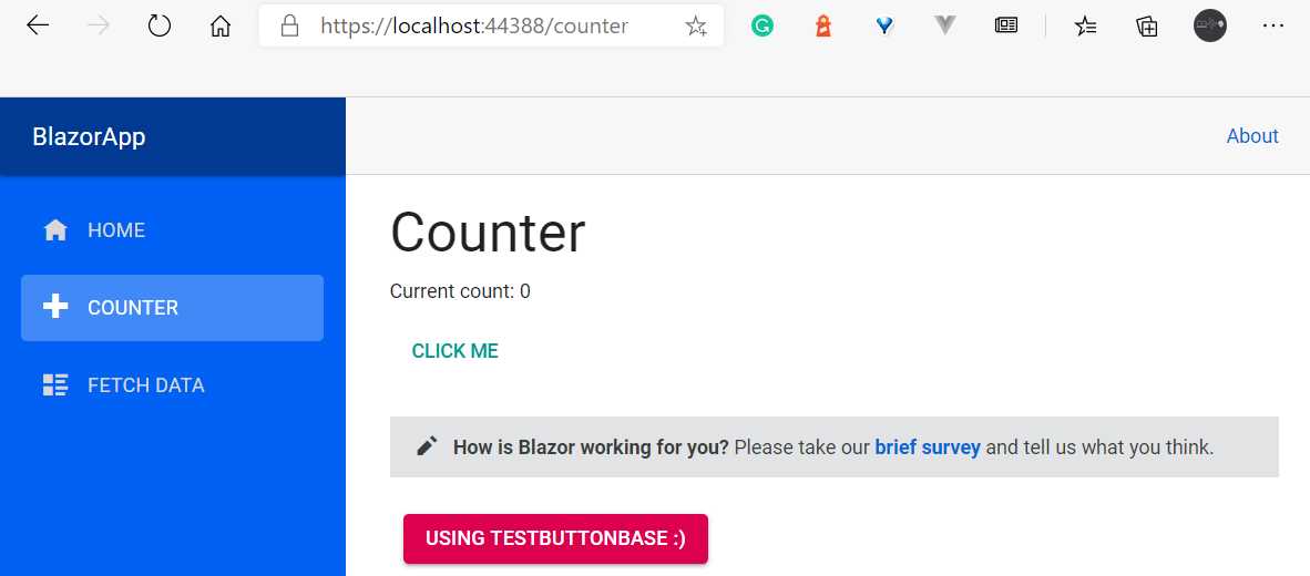 The TestButton Component with Color Changed (Counter Page)
