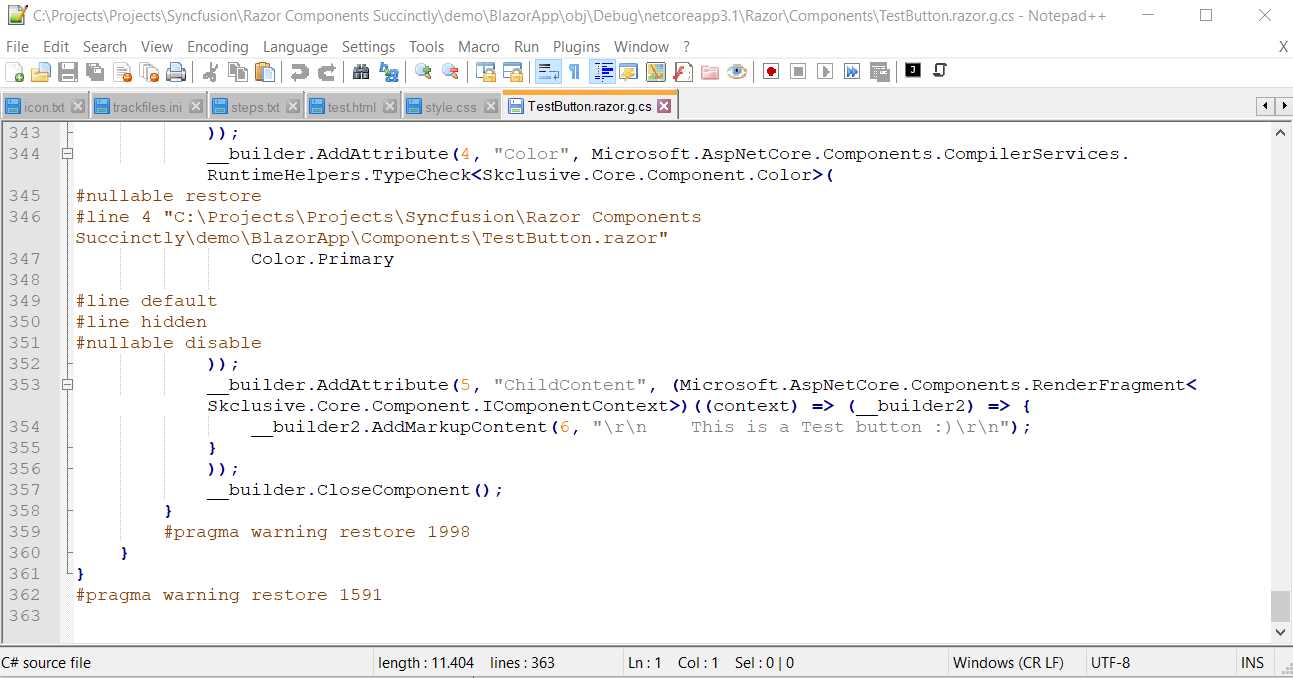 The TestButton.razor.g.cs Hidden Code-Behind File in Notepad++