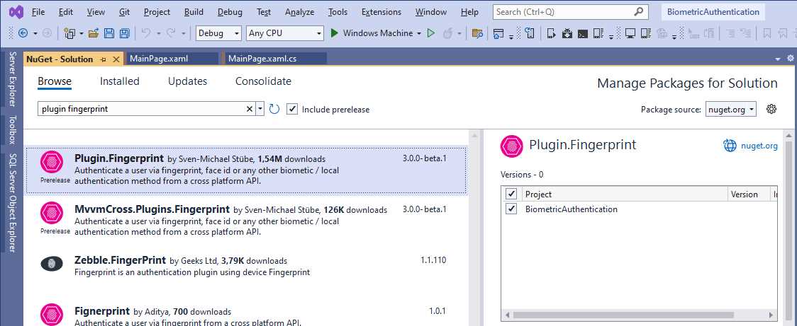 Adding the Plugin.Fingerprint library to the solution