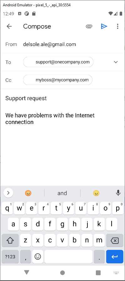Email client selection and an email message ready to be sent