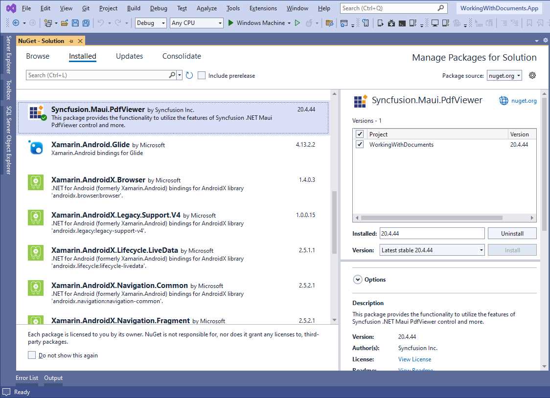 Installing the Syncfusion.Maui.PdfViewer NuGet package