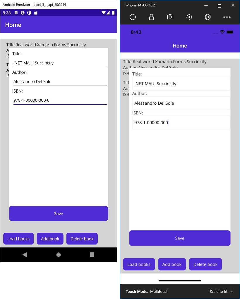 The sample app allows for adding and saving a new book