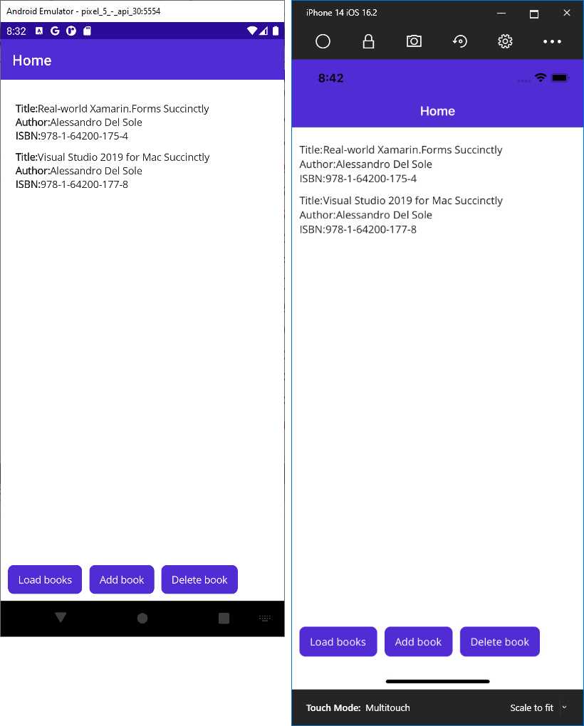 The sample app displays a list of books