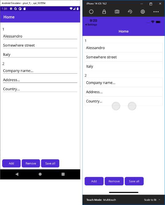 The sample app running and showing data from the database
