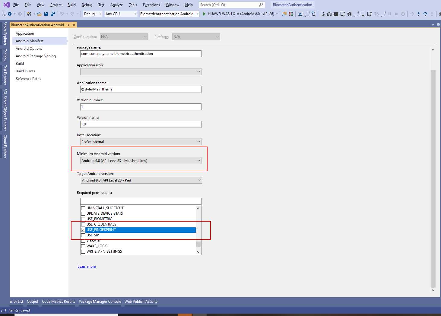 Setting Android API and permissions