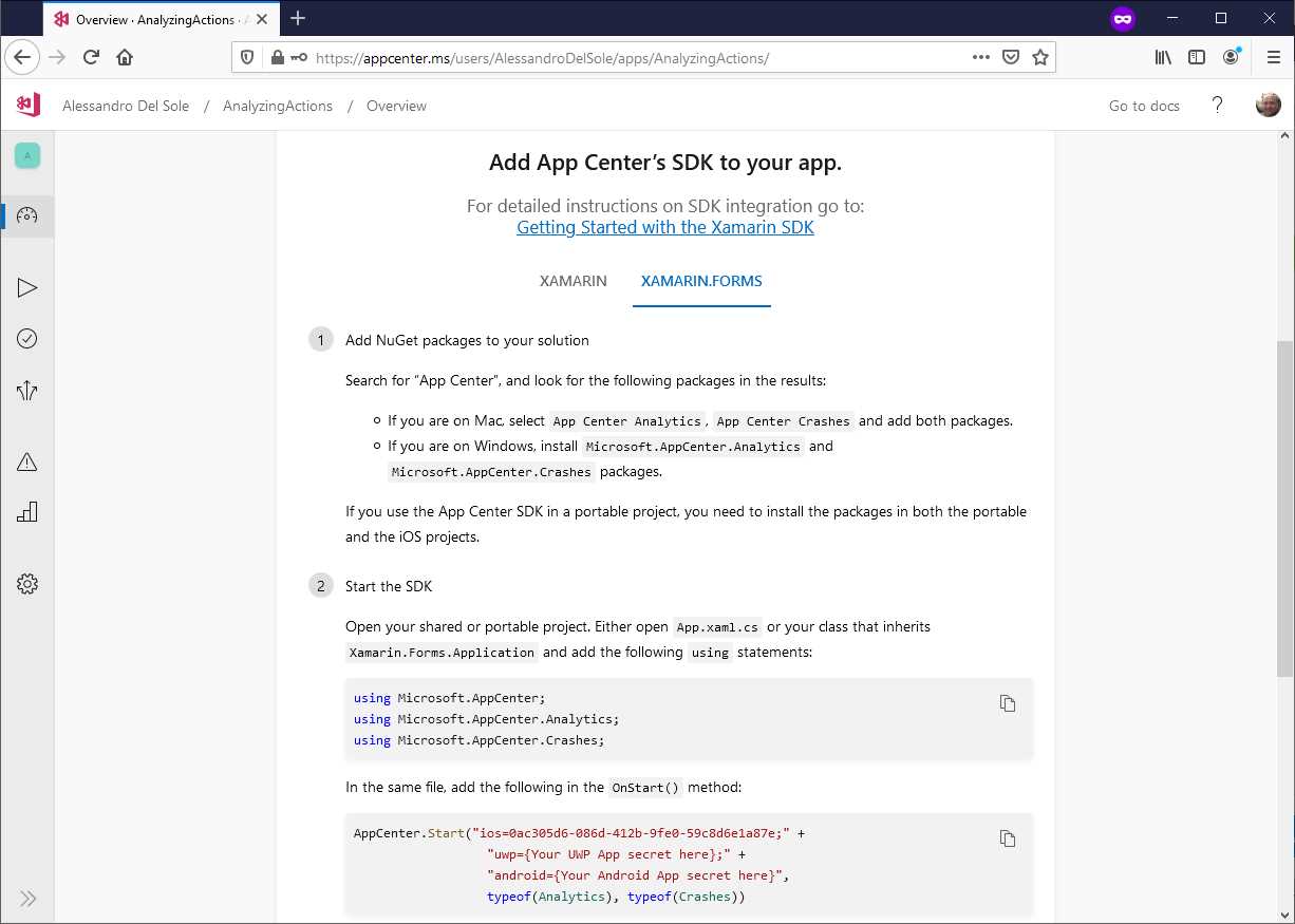 The instructions to set up a Xamarin.Forms project to work with analytics