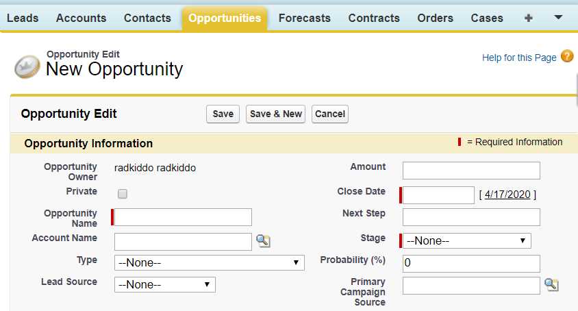 New Salesforce Opportunity Webpage (Classic Mode)