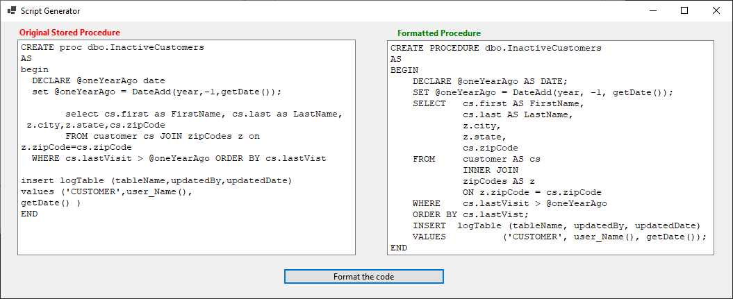 Original and formatted code