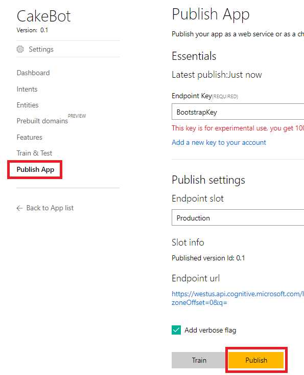Publish Option in LUIS