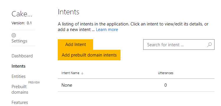 The LUIS Intents Screen
