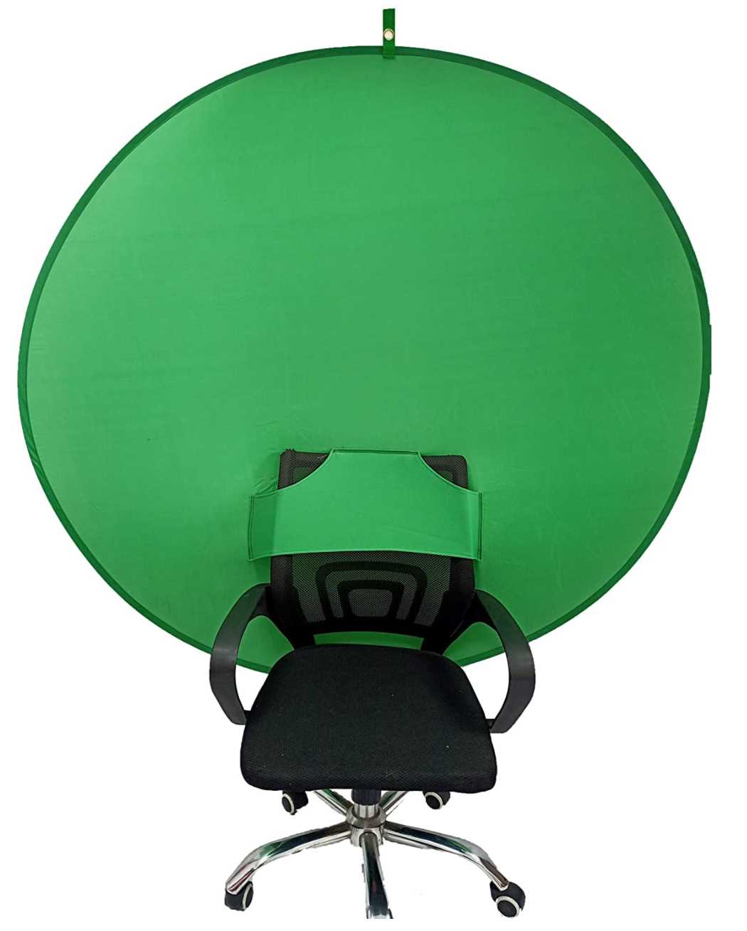 A great solution when you have a small room—green screen mounted on a chair.