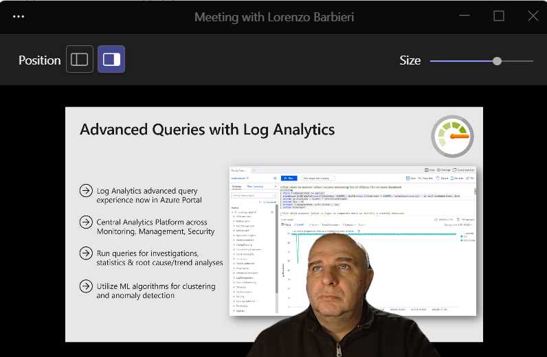 Teams standout presenter mode preview screen. The author was presenting a slide and looking at the title, “forcing” remote attendees to do the same.