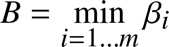 %FontSize=11
%TeXFontSize=11
\documentclass{article}
\pagestyle{empty}
\begin{document}
\[
B = \min_{i=1\dots m} \beta_i  
\]
\end{document}