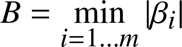 %FontSize=11
%TeXFontSize=11
\documentclass{article}
\pagestyle{empty}
\begin{document}
\[
B = \min_{i=1\dots m} |\beta_i|  
\]
\end{document}