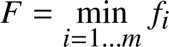 %FontSize=11
%TeXFontSize=11
\documentclass{article}
\pagestyle{empty}
\begin{document}
\[
F = \min_{i=1\dots m} f_i  
\]
\end{document}