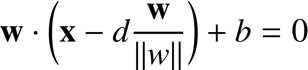 %FontSize=11
%TeXFontSize=11

\documentclass{article}
\pagestyle{empty}
\begin{document}
\[
\mathbf{w}\cdot \bigg(\mathbf x - d \frac{\mathbf w}{\|w\|}\bigg) +b=0
\]
\end{document}