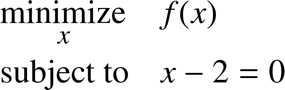 %FontSize=11
%TeXFontSize=11
\documentclass{article}
\pagestyle{empty}
\begin{document}
\begin{equation*}
\begin{aligned}
& \underset{x}{\text{minimize}}
& &  f(x) \\
& \text{subject to} 
& &  x - 2 = 0 
\\
\end{aligned}
\end{equation*}
\end{document}