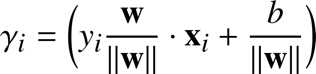 %FontSize=11
%TeXFontSize=11

\documentclass{article}
\pagestyle{empty}
\begin{document}
\[
\gamma_i = \bigg(y_i \dfrac{\mathbf{w}}{\|\mathbf{w}\|}\cdot\mathbf{x}_i + \dfrac{b}{\|\mathbf{w}\|} \bigg)  
\]
\end{document}
