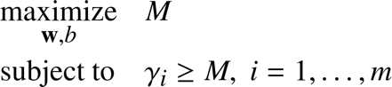 %FontSize=11
%TeXFontSize=11
\documentclass{article}
\pagestyle{empty}
\begin{document}

\begin{equation*}
\begin{aligned}
& \underset{\mathbf{w},b}{\text{maximize}}
& &  M  \\
& \text{subject to} 
& &  \gamma_i \geq M , \; i = 1, \ldots, m  \\
\end{aligned}
\end{equation*}

\end{document}