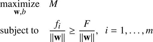 %FontSize=11
%TeXFontSize=11
\documentclass{article}
\pagestyle{empty}
\begin{document}
\begin{equation*}
\begin{aligned}
& \underset{\mathbf{w},b}{\text{maximize}}
& & M \\
& \text{subject to}
& & \dfrac{f_i}{\|\mathbf{w}\|} \geq \dfrac{F}{\|\mathbf{w}\|} , \; \ i = 1, \ldots, m \\
\end{aligned}
\end{equation*}
\end{document}