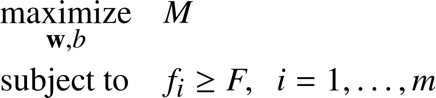 %FontSize=11
%TeXFontSize=11
\documentclass{article}
\pagestyle{empty}
\begin{document}

\begin{equation*}
\begin{aligned}
& \underset{\mathbf{w},b}{\text{maximize}}
& &  M \\
& \text{subject to} 
& &  f_i \geq F , \; \ i = 1, \ldots, m  \\
\end{aligned}
\end{equation*}

\end{document}