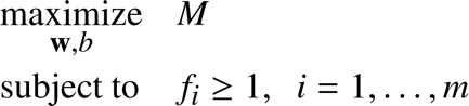 %FontSize=11
%TeXFontSize=11
\documentclass{article}
\pagestyle{empty}
\begin{document}

\begin{equation*}
\begin{aligned}
& \underset{\mathbf{w},b}{\text{maximize}}
& &   M \\
& \text{subject to} 
& &  f_i \geq 1 , \; \ i = 1, \ldots, m  \\
\end{aligned}
\end{equation*}

\end{document}