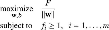 %FontSize=11
%TeXFontSize=11
\documentclass{article}
\pagestyle{empty}
\begin{document}
\begin{equation*}
\begin{aligned}
& \underset{\mathbf{w},b}{\text{maximize}}
& & \dfrac{F}{\|\mathbf{w}\|}
\\
& \text{subject to}
& & f_i \geq 1 , \; \ i = 1, \ldots, m \\
\end{aligned}
\end{equation*}
\end{document}