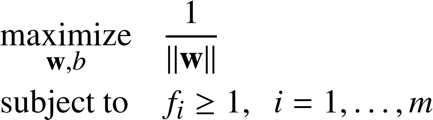 %FontSize=11
%TeXFontSize=11
\documentclass{article}
\pagestyle{empty}
\begin{document}
\begin{equation*}
\begin{aligned}
& \underset{\mathbf{w},b}{\text{maximize}}
& & \dfrac{1}{\|\mathbf{w}\|}
\\
& \text{subject to}
& & f_i \geq 1 , \; \ i = 1, \ldots, m \\
\end{aligned}
\end{equation*}
\end{document}