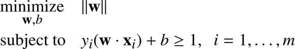 %FontSize=11
%TeXFontSize=11
\documentclass{article}
\pagestyle{empty}
\begin{document}

\begin{equation*}
\begin{aligned}
& \underset{\mathbf{w},b}{\text{minimize}}
& &   \|\mathbf{w}\|
  \\
& \text{subject to} 
& &  y_i (\mathbf{w}\cdot\mathbf{x}_i)+b \geq 1 , \; \ i = 1, \ldots, m  \\
\end{aligned}
\end{equation*}

\end{document}