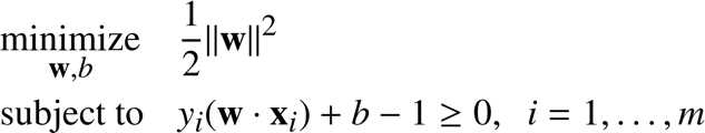 %FontSize=11
%TeXFontSize=11
\documentclass{article}
\pagestyle{empty}
\begin{document}
\begin{equation*}
\begin{aligned}
& \underset{\mathbf{w},b}{\text{minimize}}
& & \frac{1}{2}\|\mathbf{w}\|^2
\\
& \text{subject to}
& & y_i (\mathbf{w}\cdot\mathbf{x}_i)+b - 1 \geq 0 , \; \ i = 1, \ldots, m \\
\end{aligned}
\end{equation*}
\end{document}