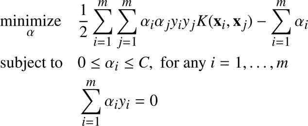 %FontSize=11
%TeXFontSize=11
\documentclass{article}
\pagestyle{empty}
\begin{document}
\begin{equation*}
\begin{aligned}
& \underset{\alpha}{\text{minimize}}
& &  \frac{1}{2}\sum\limits_{i=1}^m \sum\limits_{j=1}^m \alpha_i\alpha_j y_i y_j K(\mathbf{x}_i,\mathbf{x}_j) - \sum\limits_{i=1}^m \alpha_i  
  \\
& \text{subject to} 
& &  0 \leq \alpha_i \leq  C, \; \text{for any}\ i = 1, \ldots, m  \\
& & & \sum\limits_{i=1}^m \alpha_i y_i=0      \\
\end{aligned}
\end{equation*}\end{document}