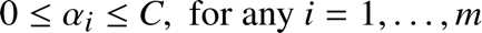 %FontSize=11
%TeXFontSize=11
\documentclass{article}
\pagestyle{empty}
\begin{document}
\[
0 \leq \alpha_i \leq  C, \; \text{for any}\ i = 1, \ldots, m  
\]
\end{document}