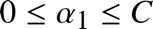 %FontSize=11
%TeXFontSize=11
\documentclass{article}
\pagestyle{empty}
\begin{document}
\[
0 \leq \alpha_1 \leq  C 
\]
\end{document}