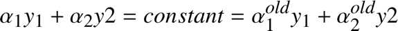 %FontSize=11
%TeXFontSize=11
\documentclass{article}
\pagestyle{empty}
\begin{document}
\[
\alpha_1 y_1 + \alpha_2 y2 = constant = \alpha_1^{old} y_1 + \alpha_2^{old} y2 
\]
\end{document}
