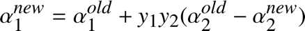 %FontSize=11
%TeXFontSize=11
\documentclass{article}
\pagestyle{empty}
\begin{document}
\[
\alpha_1^{new}= \alpha_1^{old}+y_1 y_2(\alpha_2^{old}-\alpha_2^{new})
\]
\end{document}