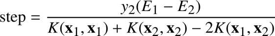 %FontSize=11
%TeXFontSize=11
\documentclass{article}
\pagestyle{empty}
\begin{document}
\[
\text{step} = \frac{y_2(E_1-E_2)}{K(\mathbf{x}_1,\mathbf{x}_1)+K(\mathbf{x}_2,\mathbf{x}_2)- 2 K(\mathbf{x}_1,\mathbf{x}_2)}
\]
\end{document}