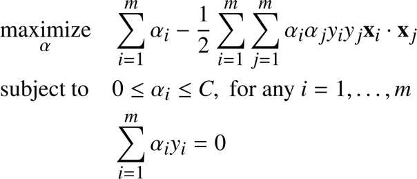 Here the constraint  has been changed to become . This constraint is often called the box constraint because the vector  is constrained to lie inside the box with side length  in the positive orthant­­­. Note that an orthant is the analog n-dimensional Euclidean space of a quadrant in the plane (Cristianini & Shawe-Taylor, 2000). We will visualize the box constraint in Figure 50 in the chapter about the SMO algorithm.
