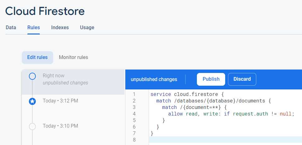 Firebase Console—Cloud Firestore (Edit Rules)